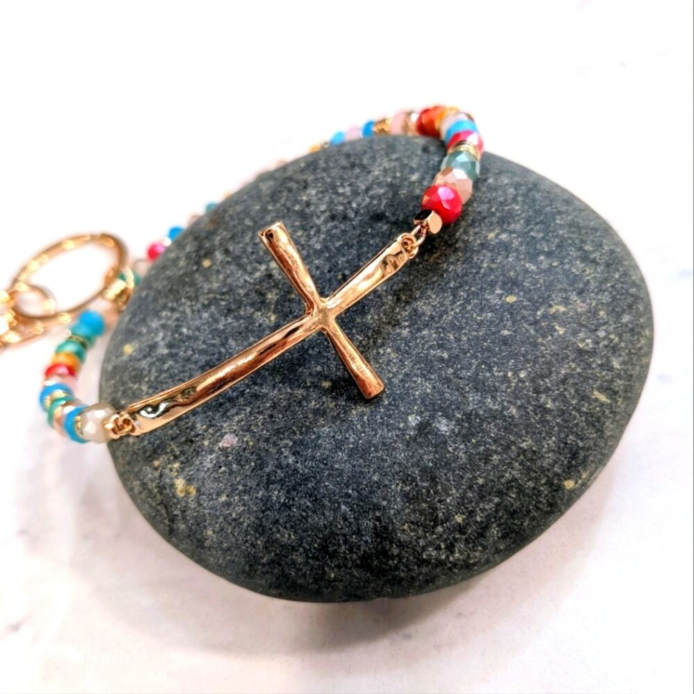 GOLD TONE CROSS Glass Bead Bracelet Style Hoop Key Chain with Closed Hook NEW - Picture 2 of 6